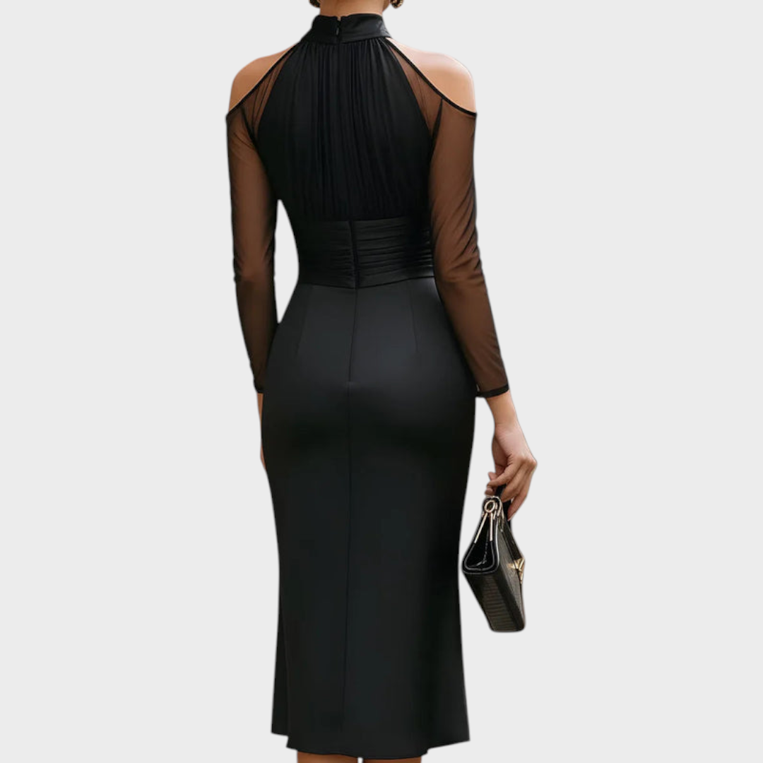 Sanya | Elegant Satin Midi Dress with Cold Shoulders