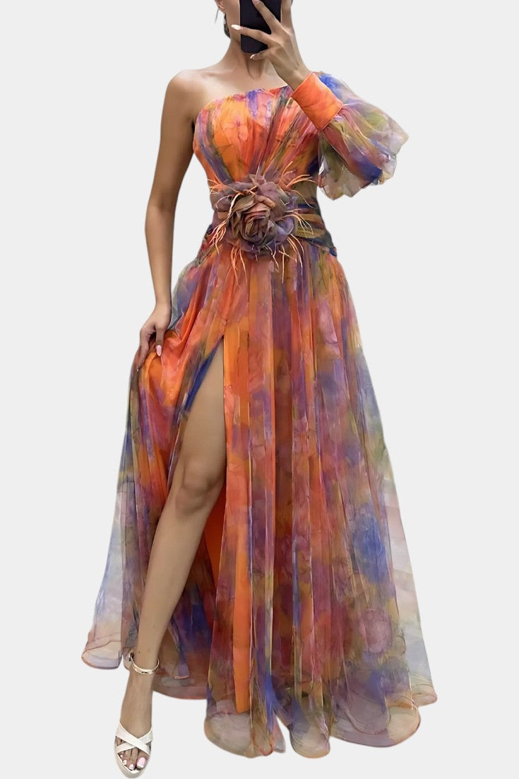 Amelie Asymmetric One-Shoulder Maxi Dress with Artistic Design