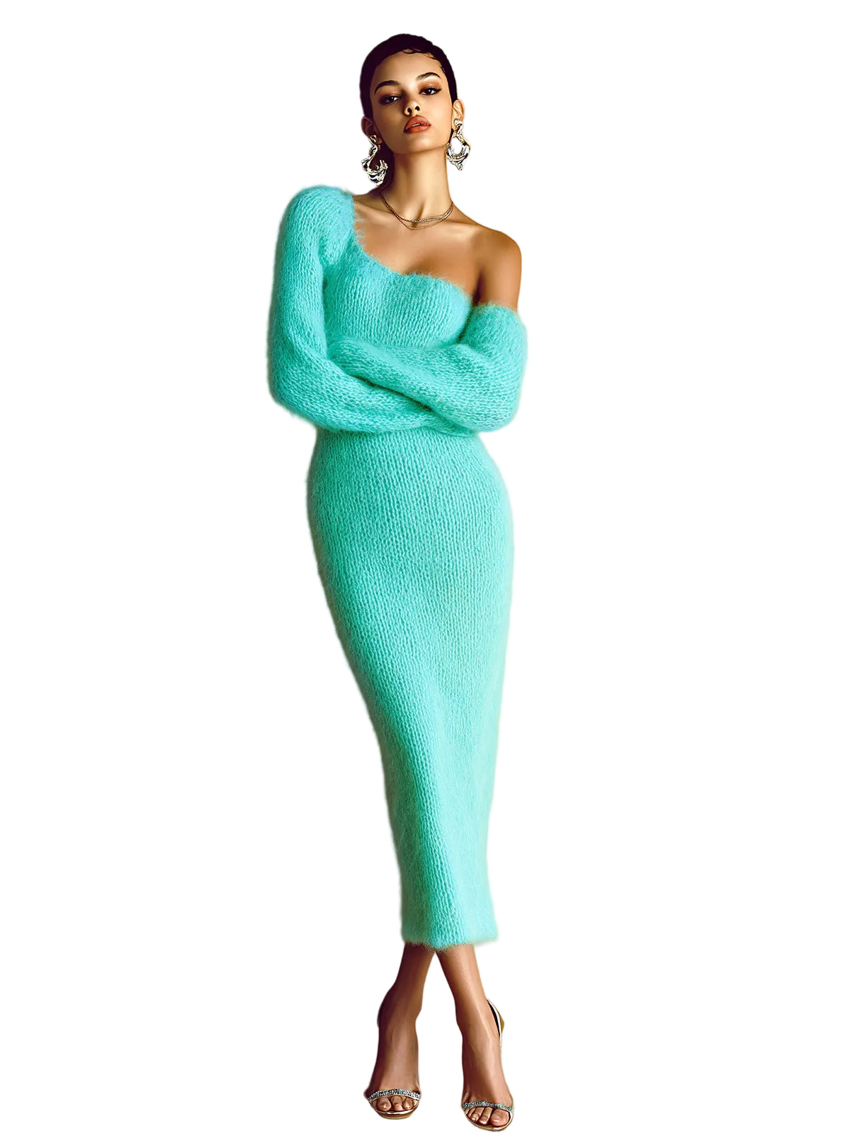 Kim - Stylish Solid Color Mohair One-Shoulder Long Lantern Sleeve Bodycon Knit Maxi Dress