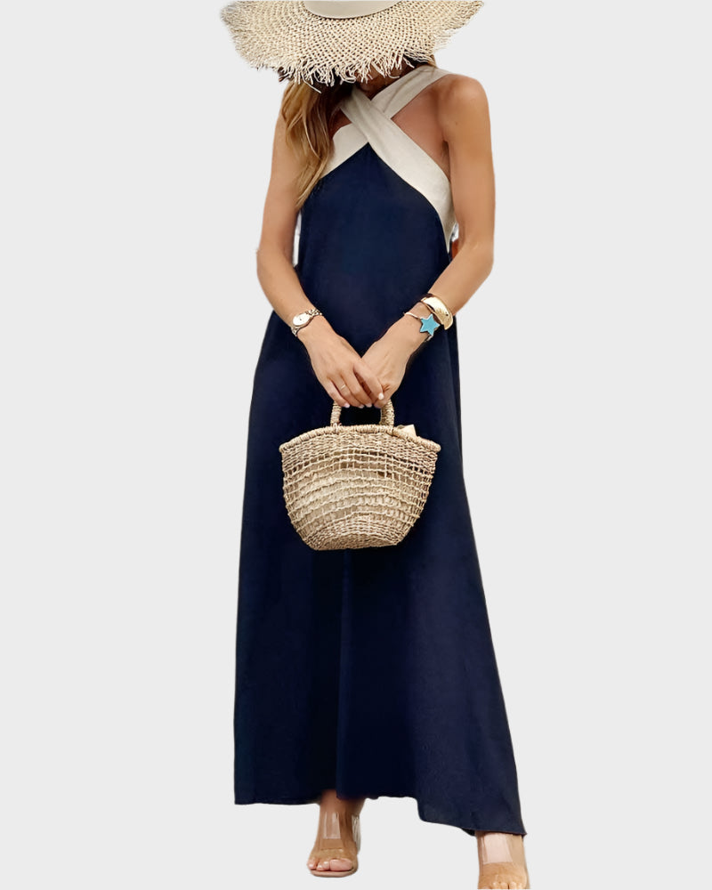 Elegant Dress with Open Back and Modern Cross Neck