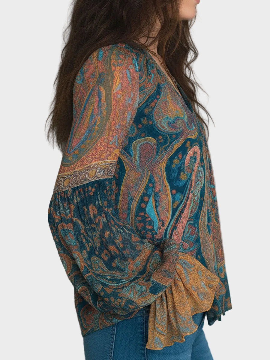 Alina | Bohemian Teal & Amber Paisley Chiffon Blouse With Ruffled Cuffs