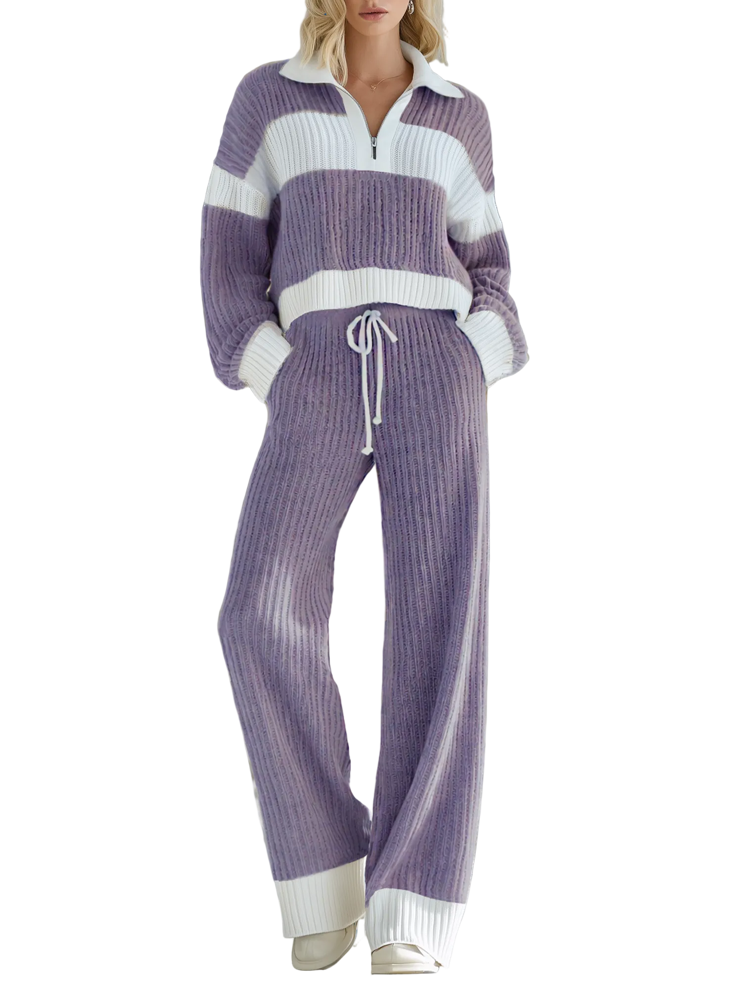 Marisol - Women's Beige And White Striped Knitted Collared Half-zip Casual Set