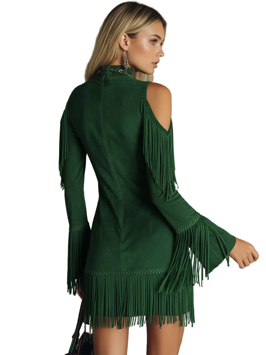 Betty - Semi-high Neck Off-the-shoulder Fringed Faux Suede Long-sleeved Mini Dress