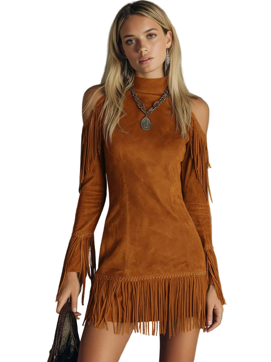 Betty - Semi-high Neck Off-the-shoulder Fringed Faux Suede Long-sleeved Mini Dress