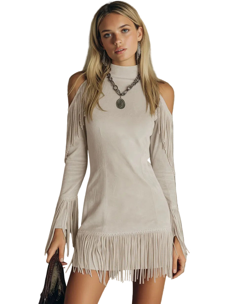 Betty - Semi-high Neck Off-the-shoulder Fringed Faux Suede Long-sleeved Mini Dress