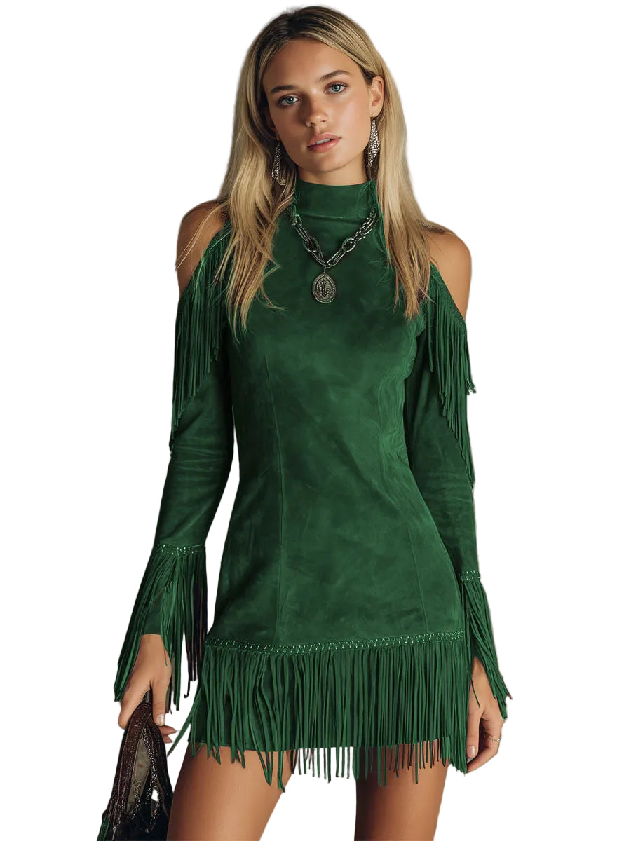 Betty - Semi-high Neck Off-the-shoulder Fringed Faux Suede Long-sleeved Mini Dress