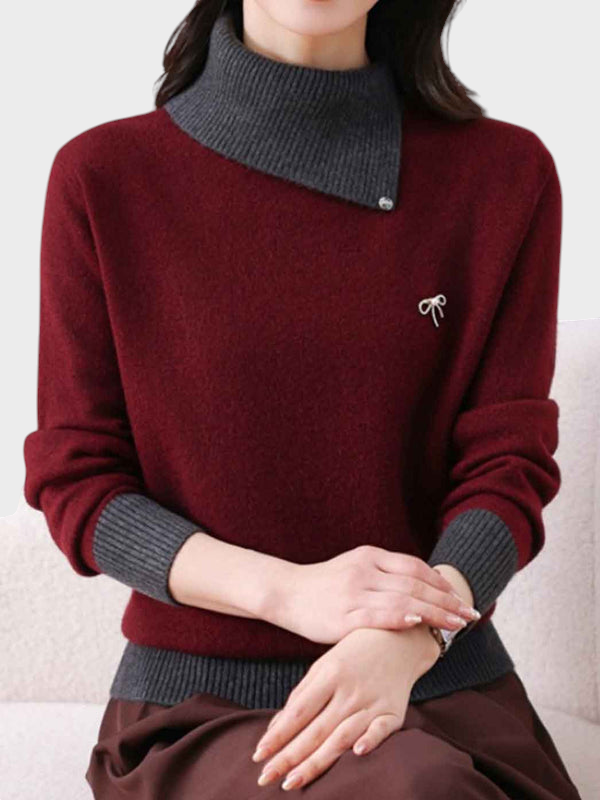 Solvej | Classic Knitted Sweater with High Neck and Contrast Panel