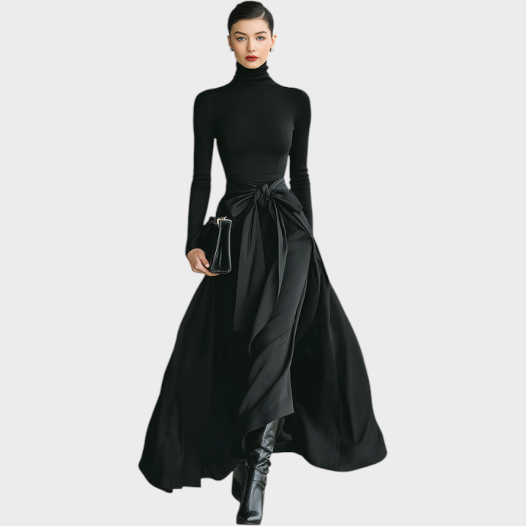 Hellen | Women's Black High-Neck High-Stretch Knitted And Satin Flared Maxi Dress