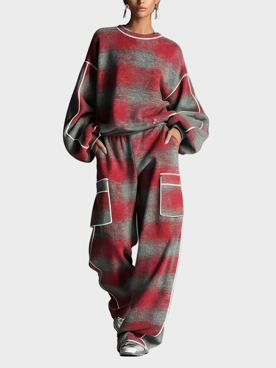 Natasa | Women's Red And Grey Checkered Brushed Distressed Street Style Pants Set With Colored Details