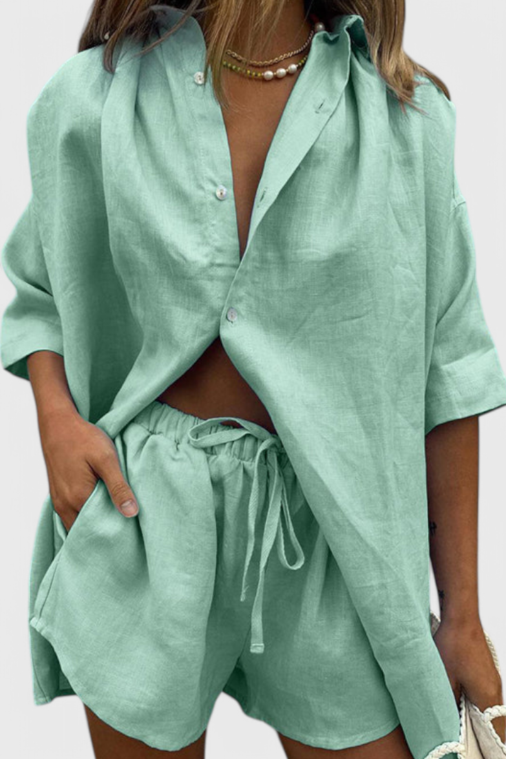 Anika Two-Piece Set with Button-Down Shirt and Drawstring Shorts