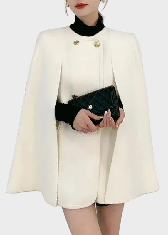 Azalea | Elegant White O-Neck Knit Patchwork Cape And Woolen Coats Two Piece Set Spring