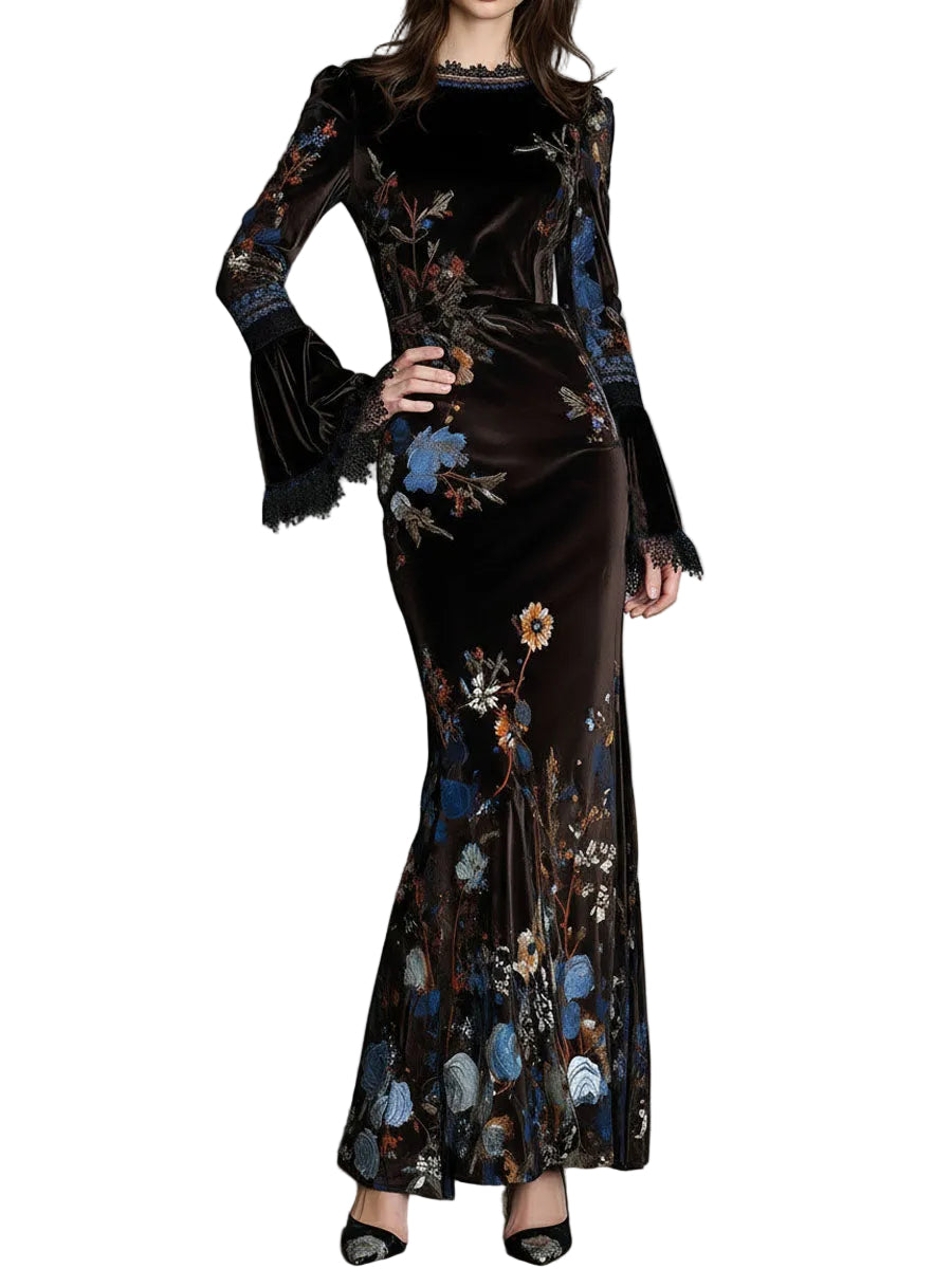 Jane | Elegance Midnight Velvet Floral Gown With Lace Trim
