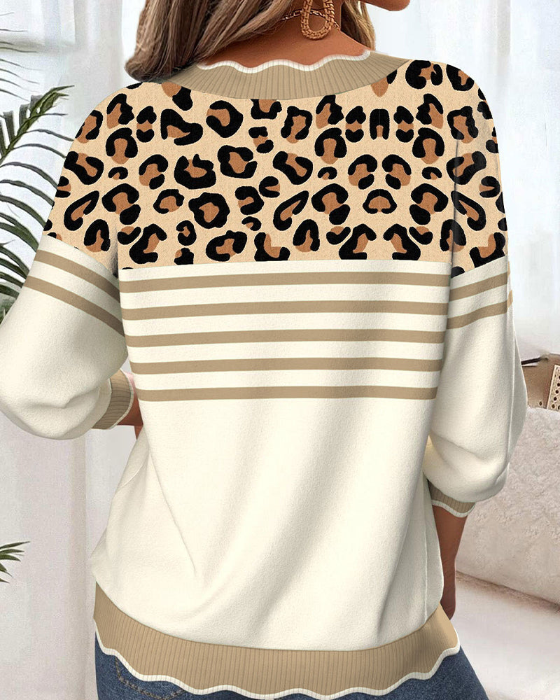 knitted V-neck sweater with contrast and leopard print