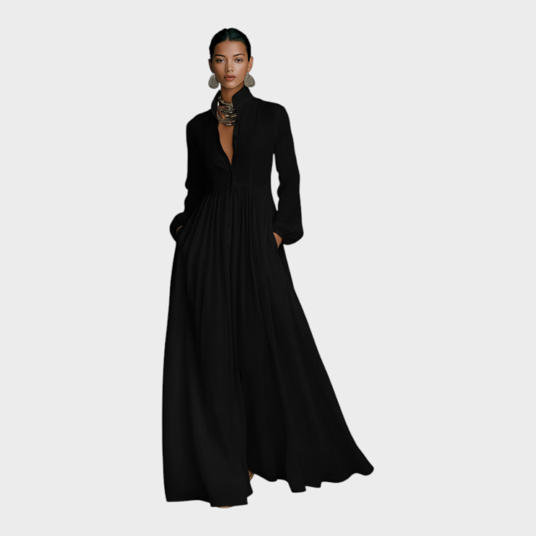 Leah | Women's Minimalist Cotton And Linen Patchwork Single-breasted Stand-up Collar Long-sleeved Maxi Dress MDA0658K6Y