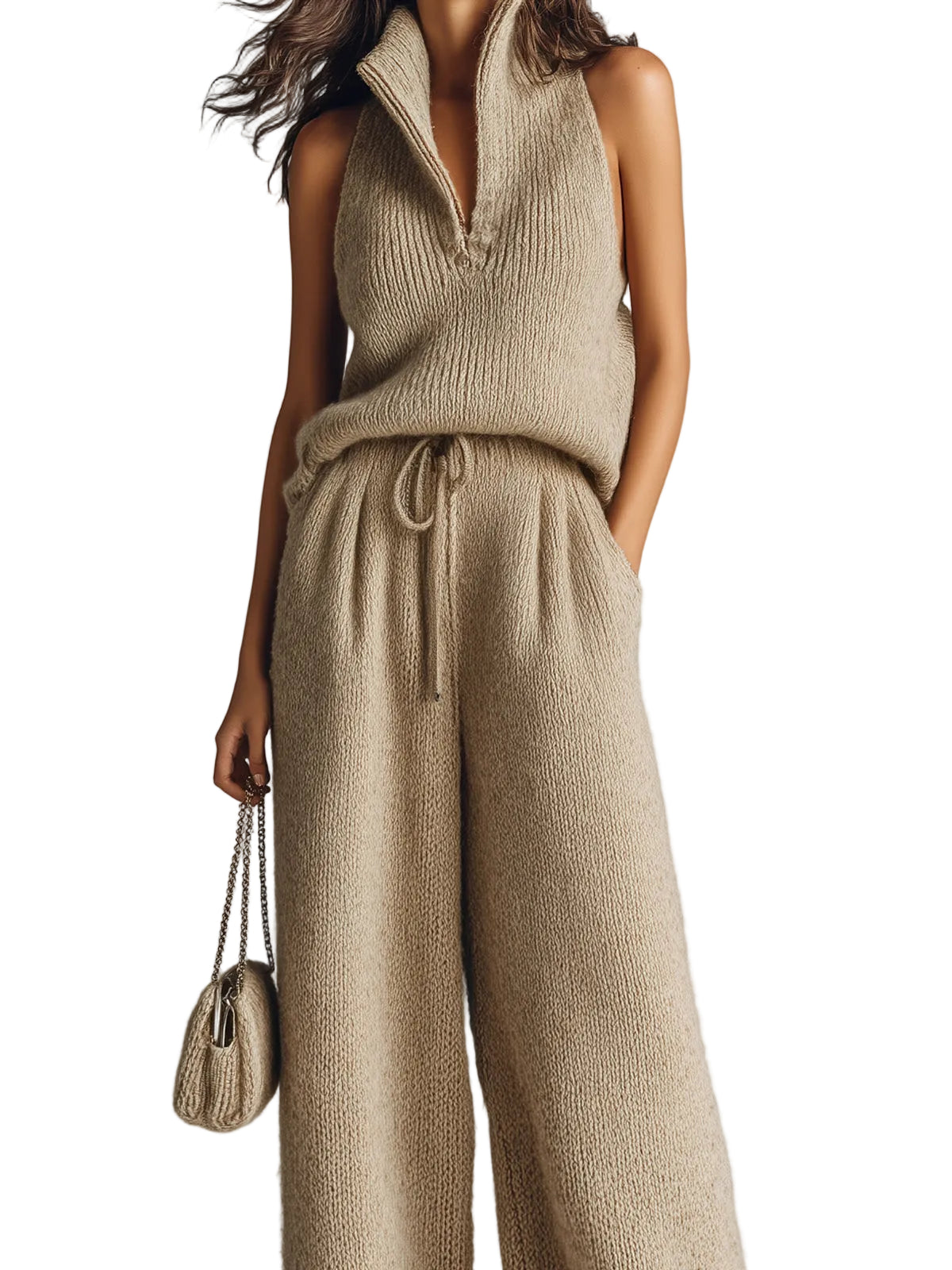 Kelly - Elegant Camel Stand Collar V-Neck Sleeveless Sweater Wide-Leg Pants Ribbed Knit Two-Piece Set