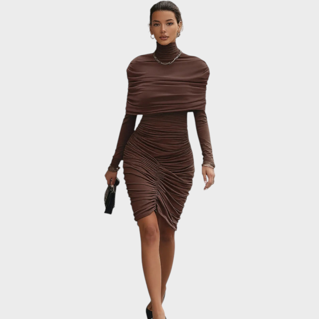 Kisses | Elegant Brown Dress with Sleeves and Long Sleeves