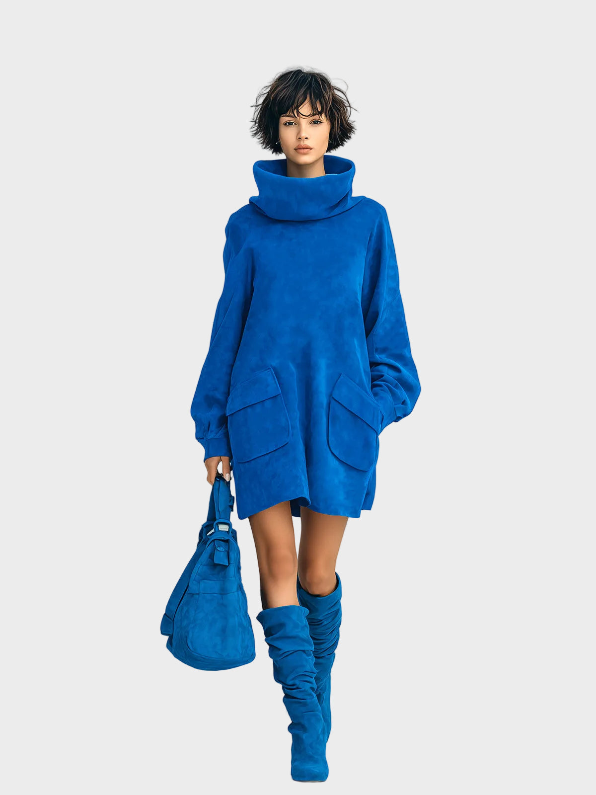Meria | Elegant Royal Blue Mini Dress in Faux Suede with Oversized Turtleneck, Long Lantern Sleeves, and Patch Pockets