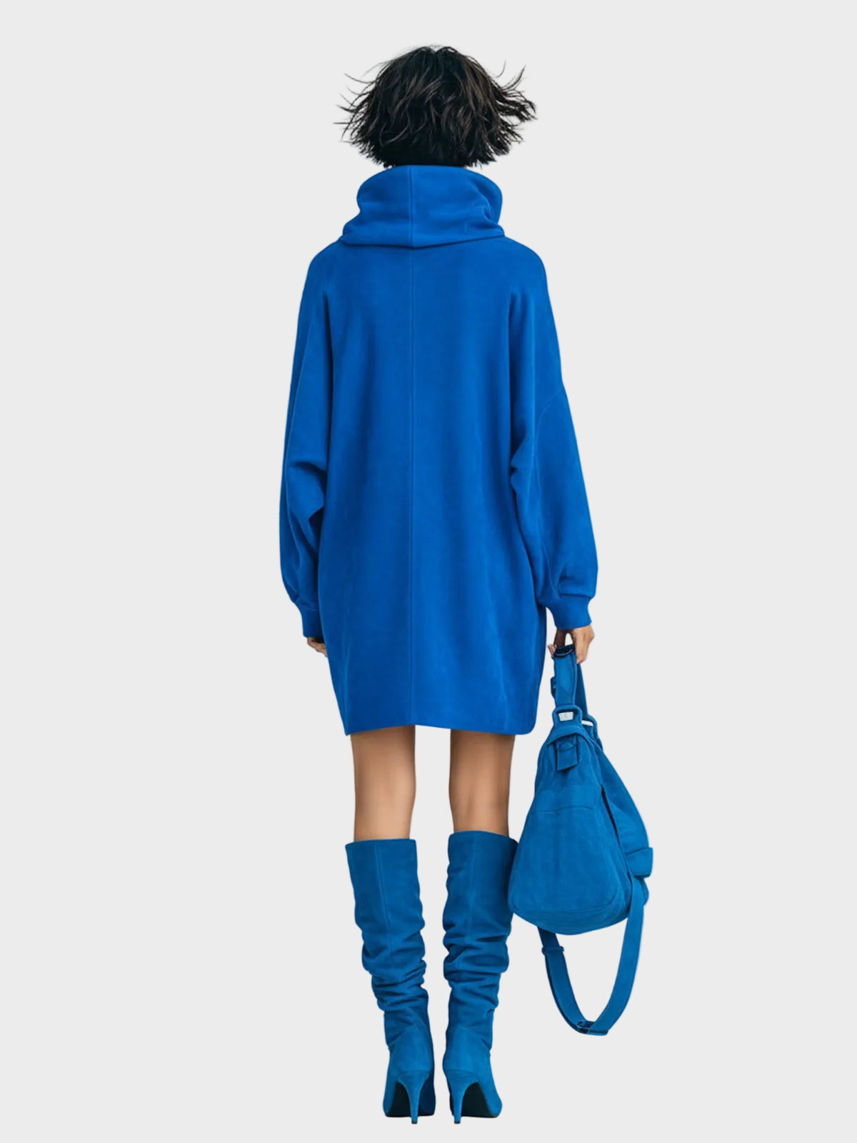 Meria | Elegant Royal Blue Mini Dress in Faux Suede with Oversized Turtleneck, Long Lantern Sleeves, and Patch Pockets