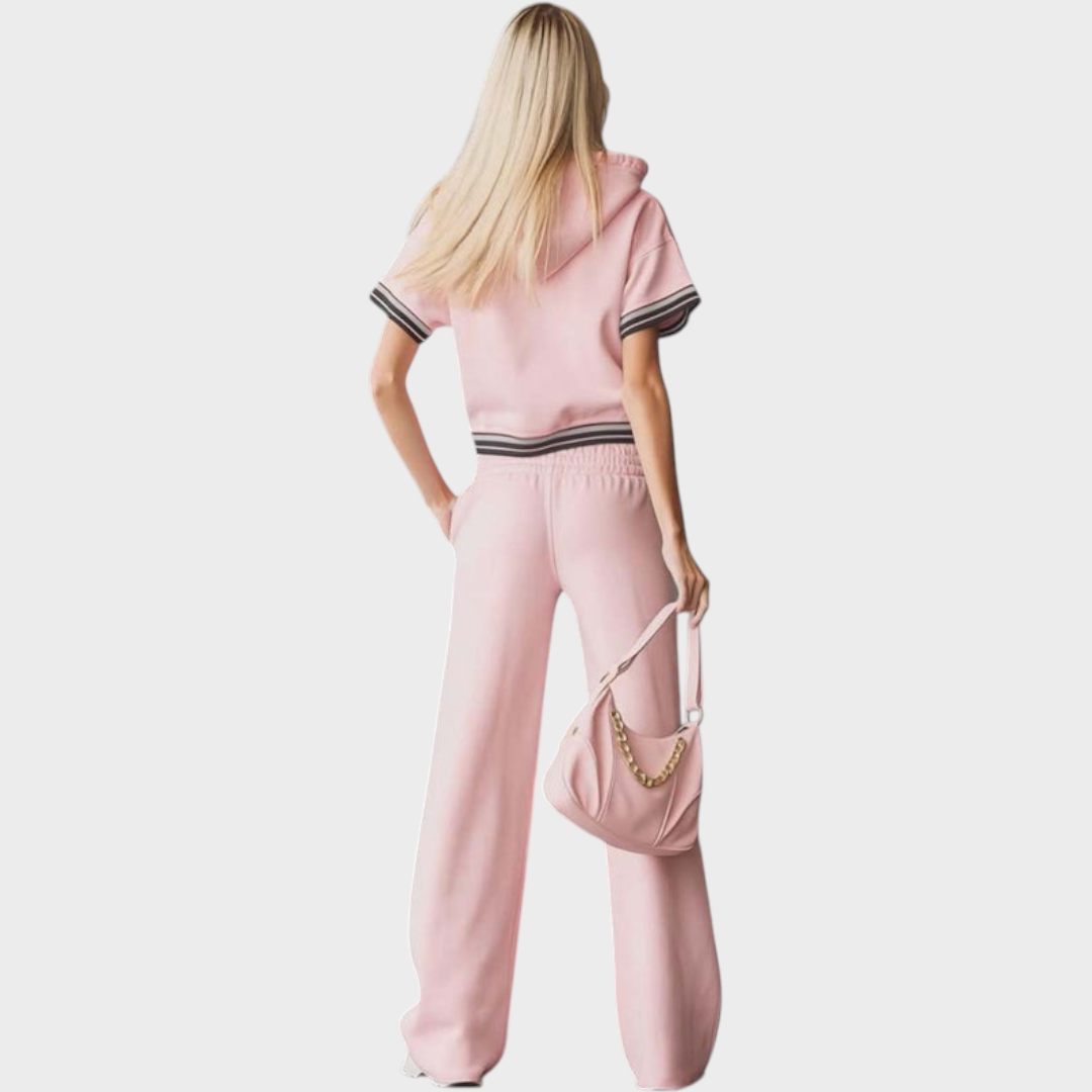 Zahra | Elegant Fashion Sporty Hooded Front Zipper Short-sleeved Pink Cotton Top And Pants Set