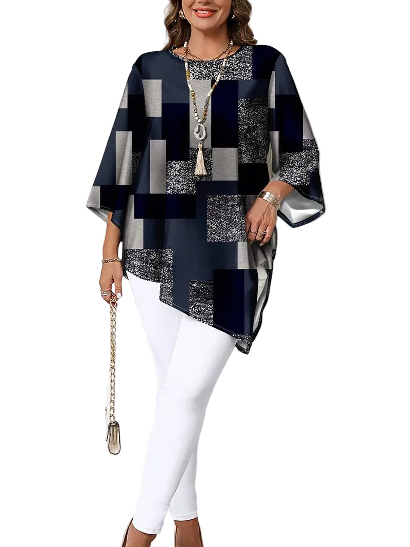 Nurit - Checkered Oversized Printed Blouse With Short Sleeve