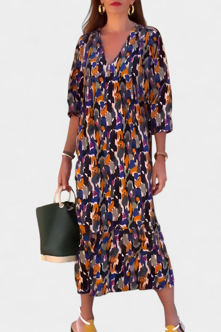 Teodora Retro Dress with V-Neck and Puff Sleeves