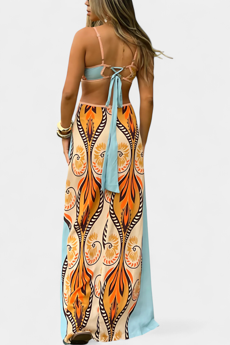 Slit Dress with Abstract Pattern and Open Back