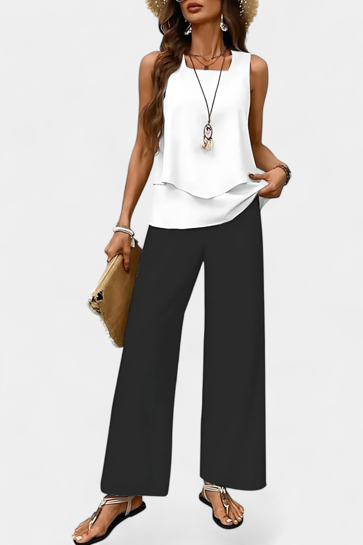 Martina Elegant Boho Sleeveless Set with Patterned Straight Pants