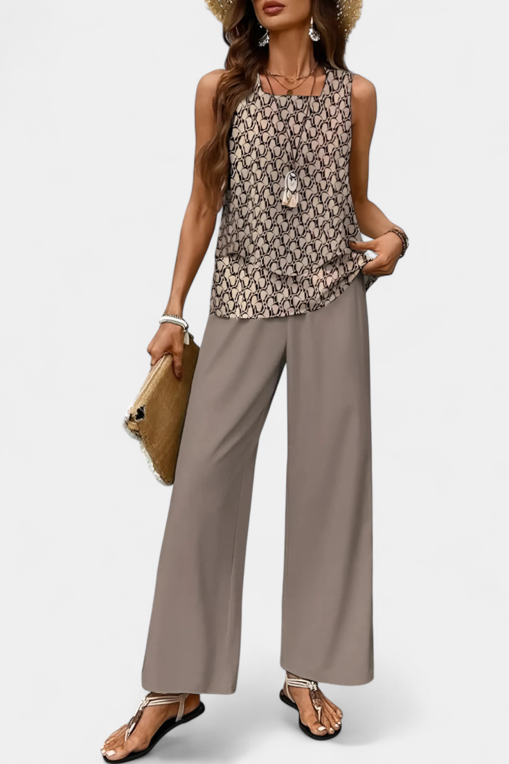 Martina Elegant Boho Sleeveless Set with Patterned Straight Pants