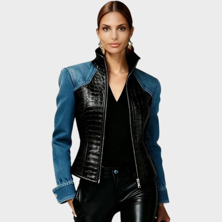 Eveline | Women's Black Leather Jacket Made of Knitted Croc PU With Patchwork Pattern With Long Sleeves And Zipper
