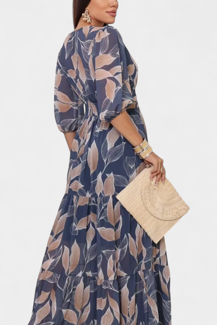 Aisha Long Floral Dress with Airy Line and Leaf Pattern