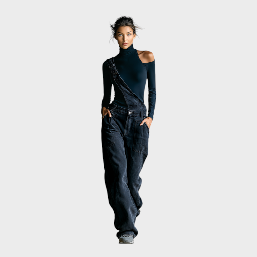 Aviana | Women's Black Cotton One-shoulder Turtleneck Top And Blue-grey Denim Loose-fitting Overalls Set MDA2045K8T
