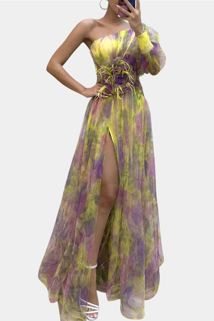 Amelie Asymmetric One-Shoulder Maxi Dress with Artistic Design