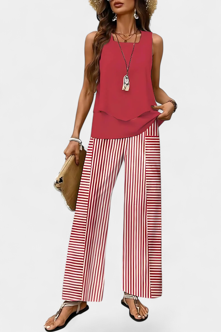 Martina Elegant Boho Sleeveless Set with Patterned Straight Pants