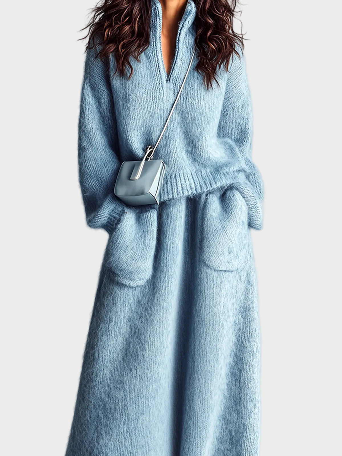 Rosie - Chic and elegant blue two-piece set with a knitted sweater with a stand-up collar, V-neck, long sleeves and a loose fit, and a maxi skirt with a pocket and fluffy knit