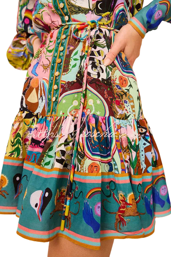 Tina - Luxury Unique Print Balloon Sleeve Button Shirt Mini Dress