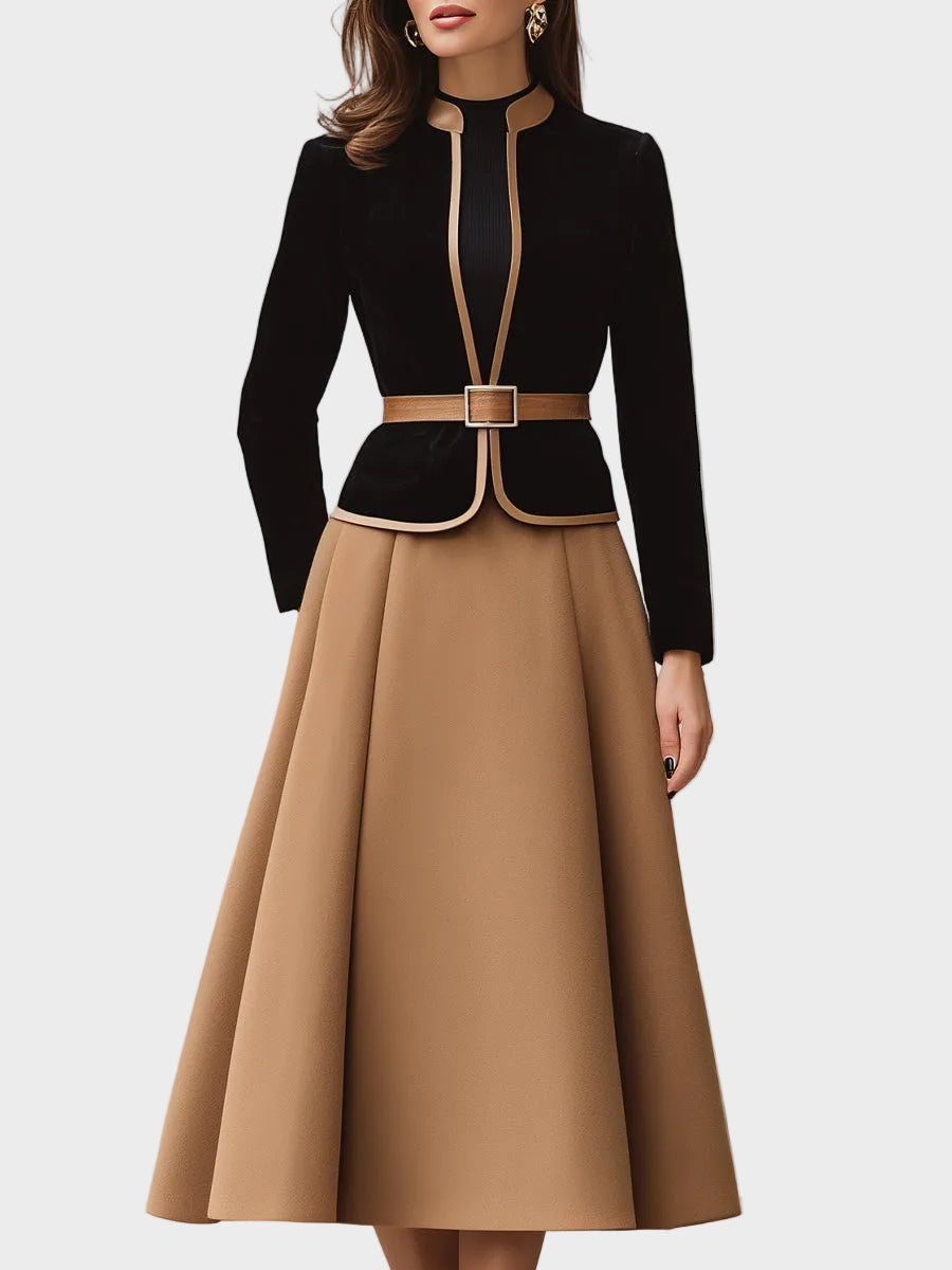 Rebecca | Two-Tone Trim Blazer And A-Line Midi Skirt Set