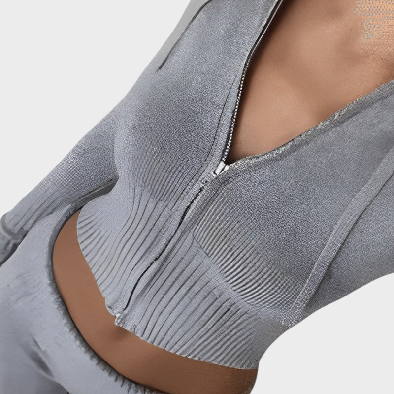 Xyrene | Short Hooded Cardigan Set with Ribbed Design