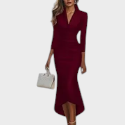 Blanca | Women's White Satin Dress Wrap V Neck 3/4 Sleeve High Low Bodycon Maxi Dress