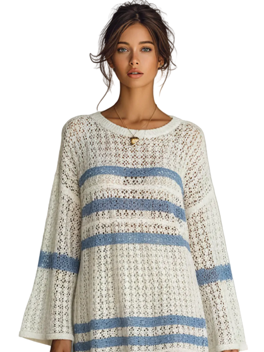 Bri - Women's Vacation Style Openwork Knit Striped Mini Dress