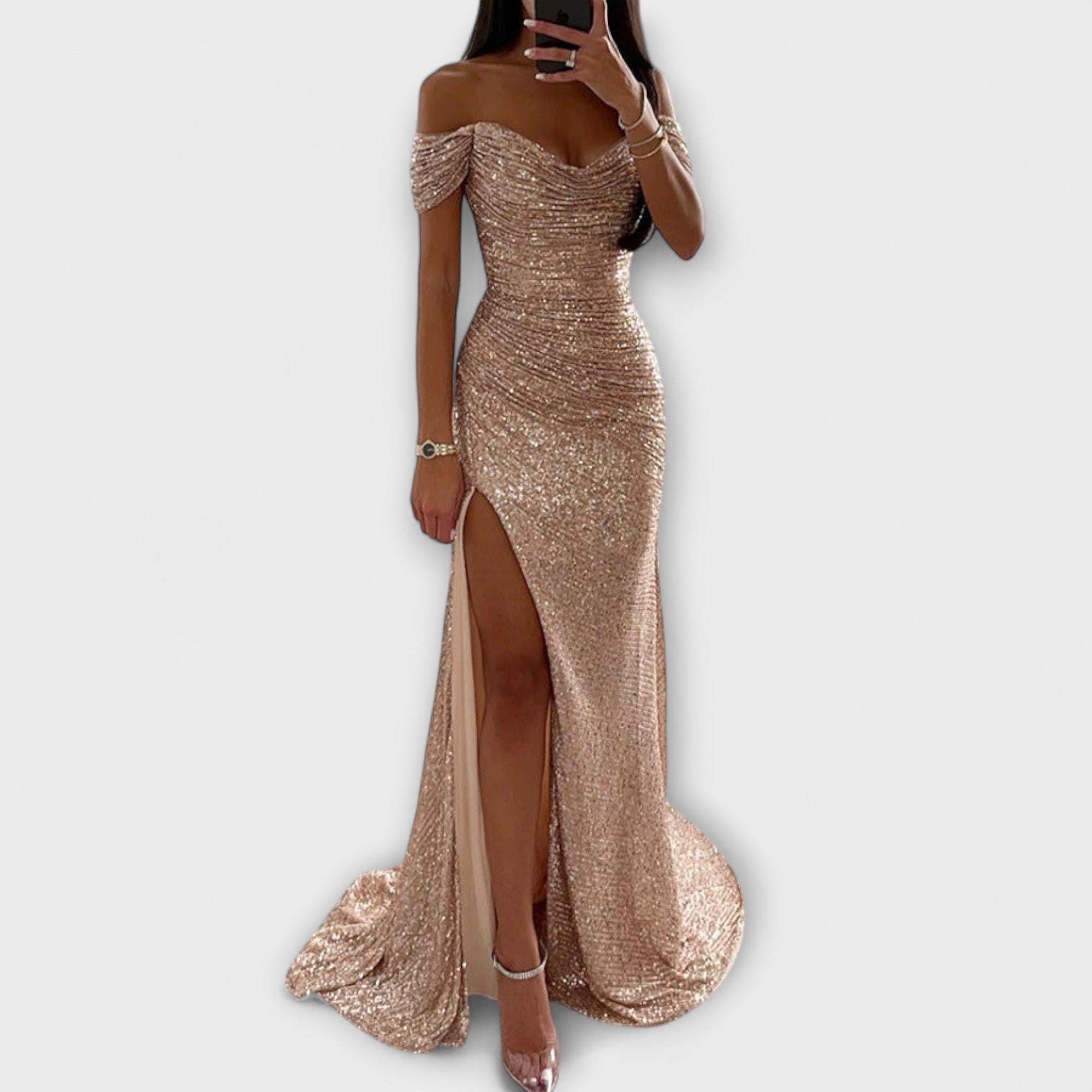 Summer Evening Dress — Strapless Maxi with Glitter and Ruffles for Weddings & Parties