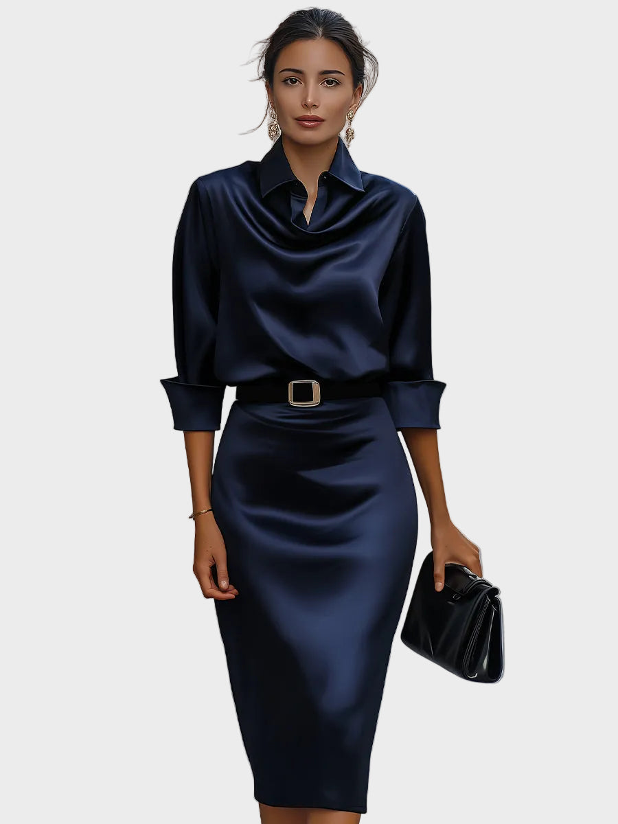 Delilah | Elegant Satin Draped-Collar Midi Dress With Black Belt