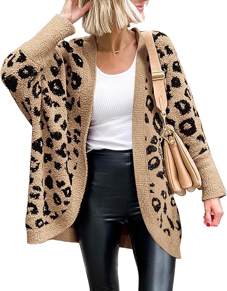 Faye - Leopard Cardigan for Women Long Sleeve Open Front Cardigans Sweaters Pockets Loose Knit