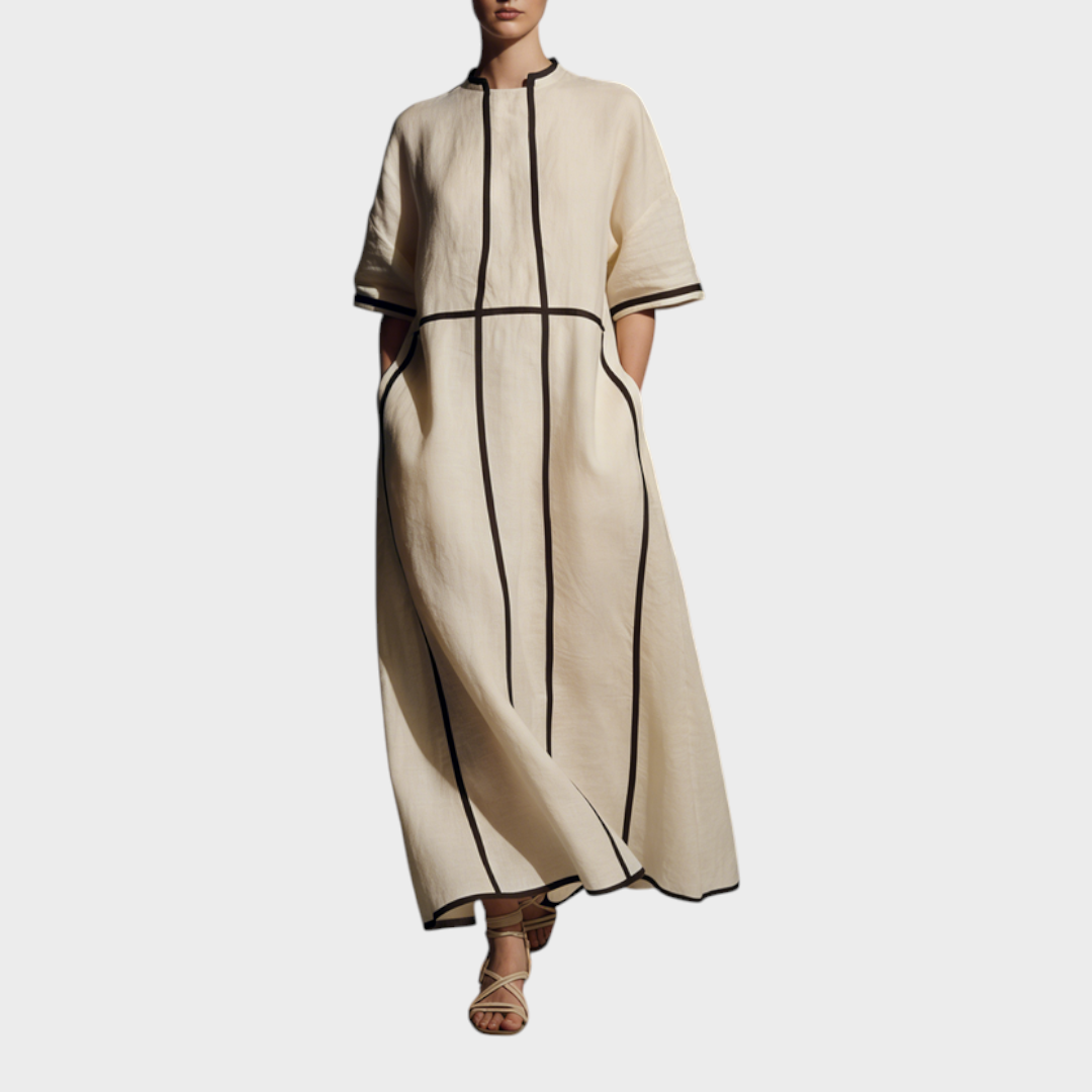 Peyton | Women's Modern Linen Blend Beige Stand-Collar Half-Sleeve Contrast-Line Pocketed Maxi Dress MDA2924L4AU