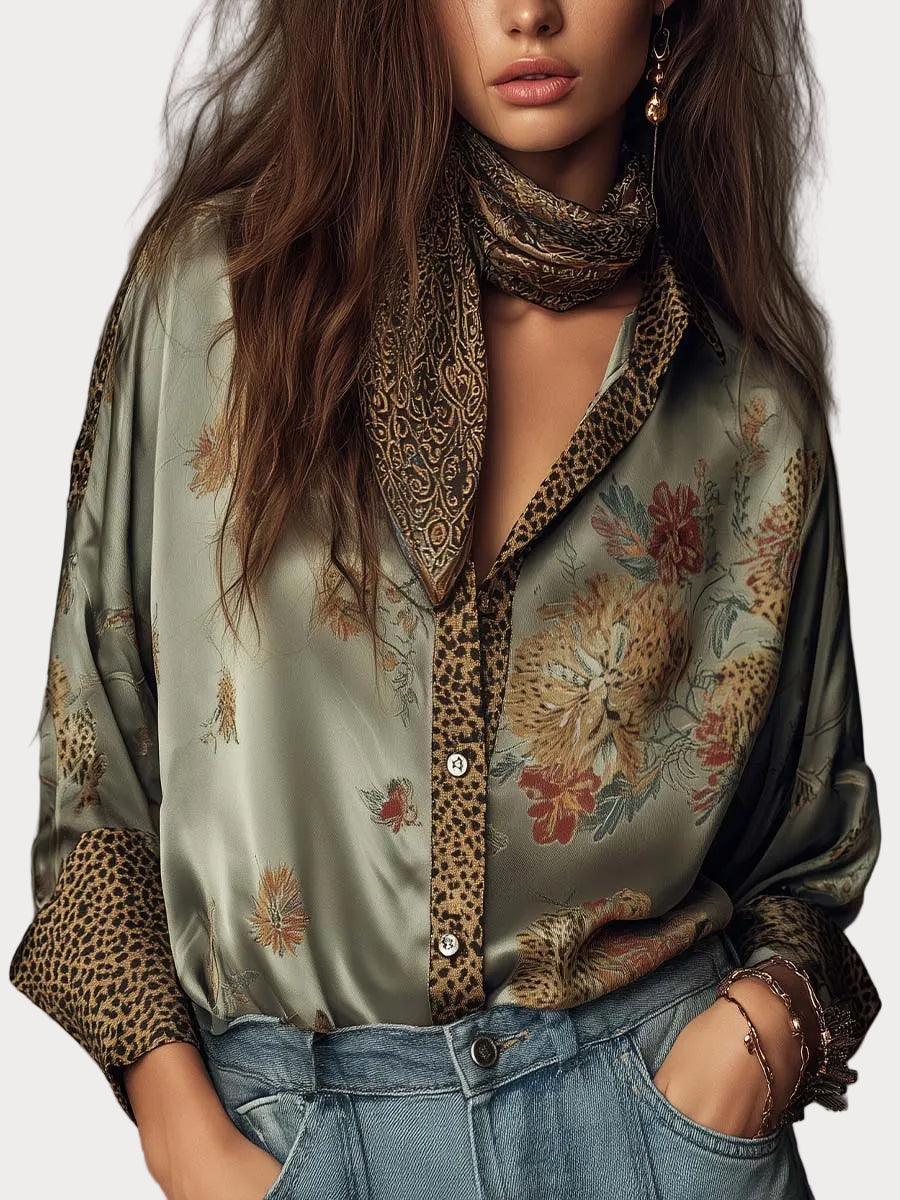 Cathrine | Satin Floral Shirt with Leopard Trim
