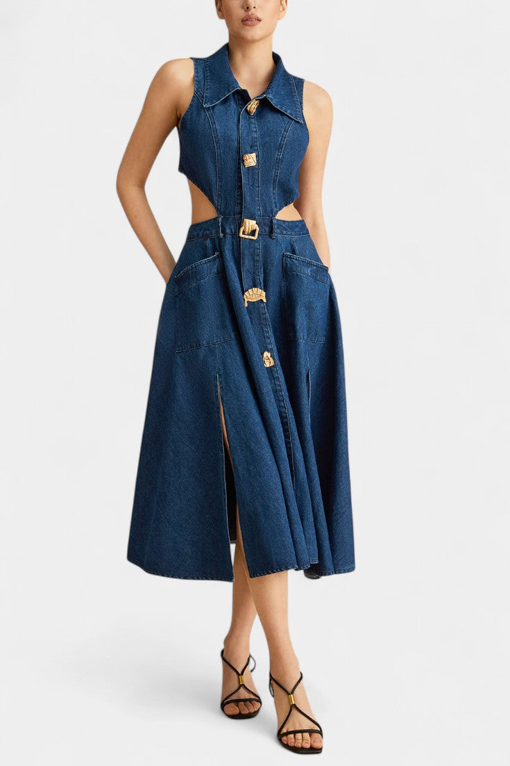 Alia Sleeveless Denim Dress with Cutout