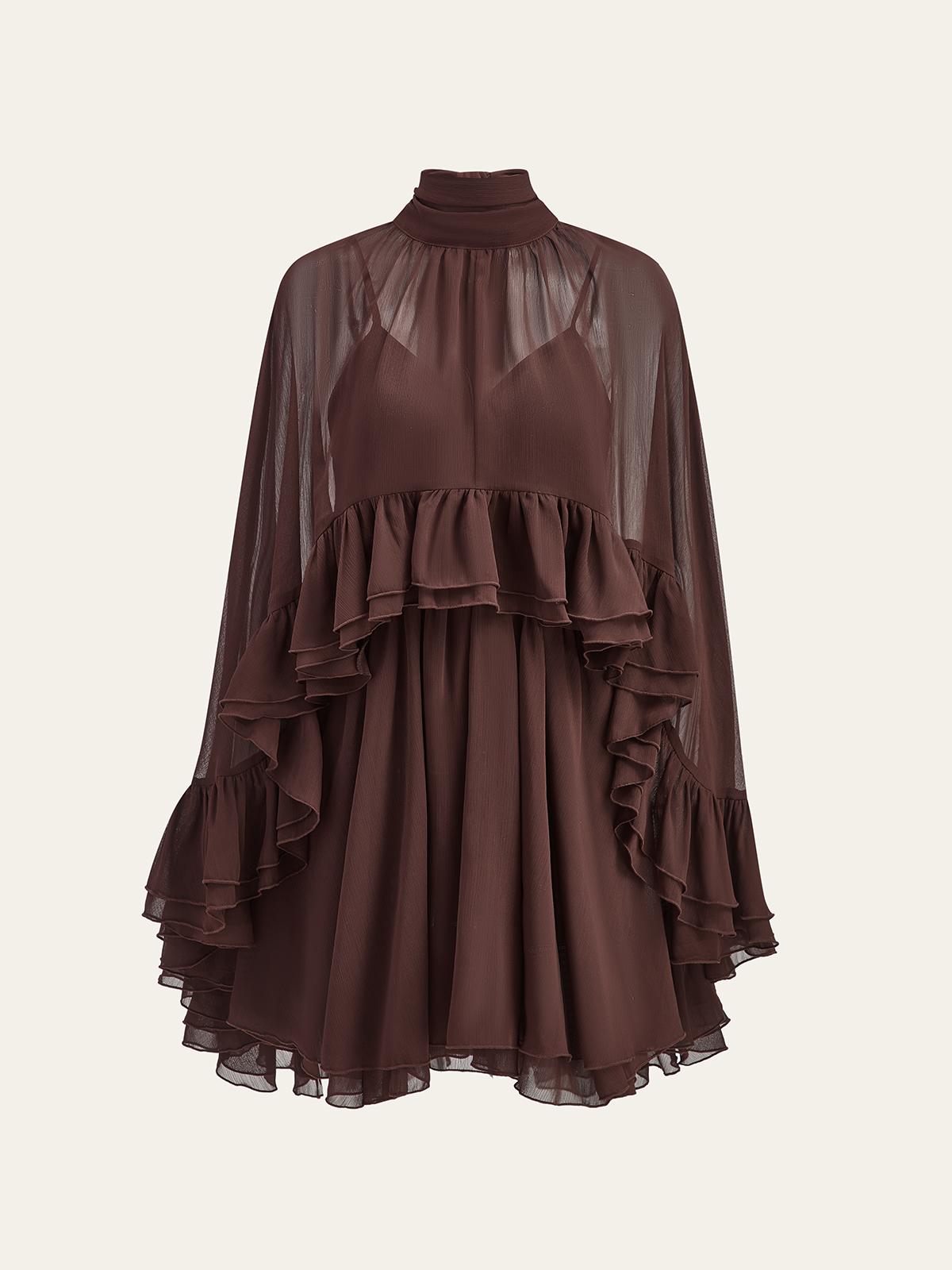Kim - Semi-Sheer Chiffon Ruffle Dress With Outer Cape