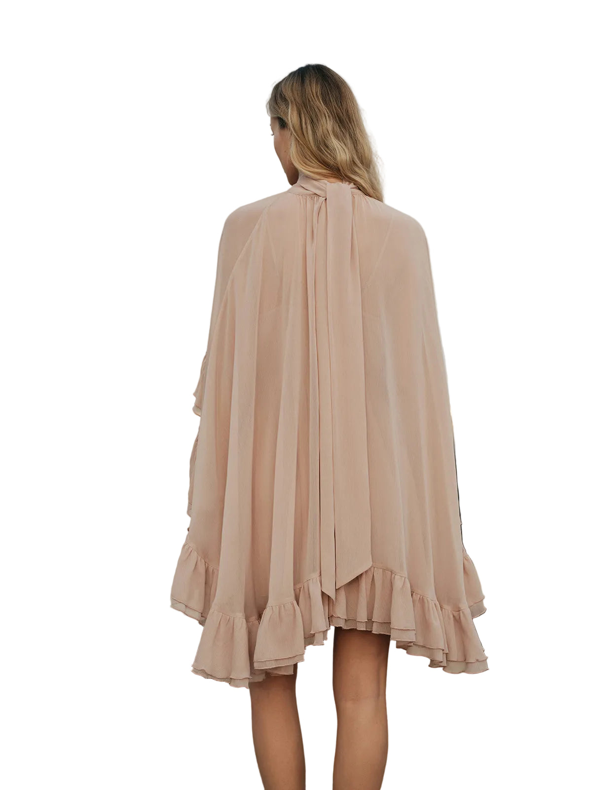 Kim - Semi-Sheer Chiffon Ruffle Dress With Outer Cape