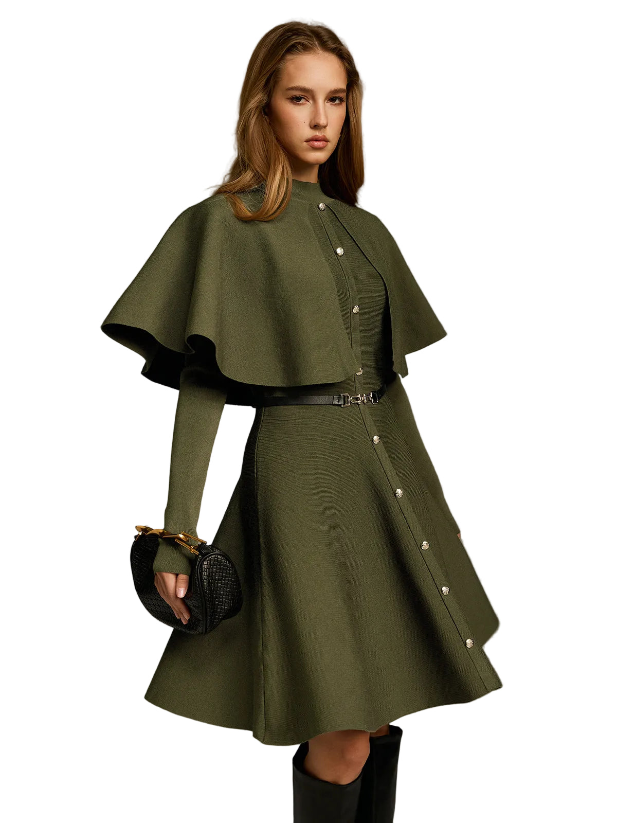 Coleen | Capelet-Style Button-Front Belted Midi Dress