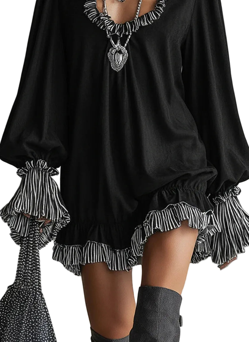Bella - Black Faux Suede Striped Ruffled Loose Mini Dress