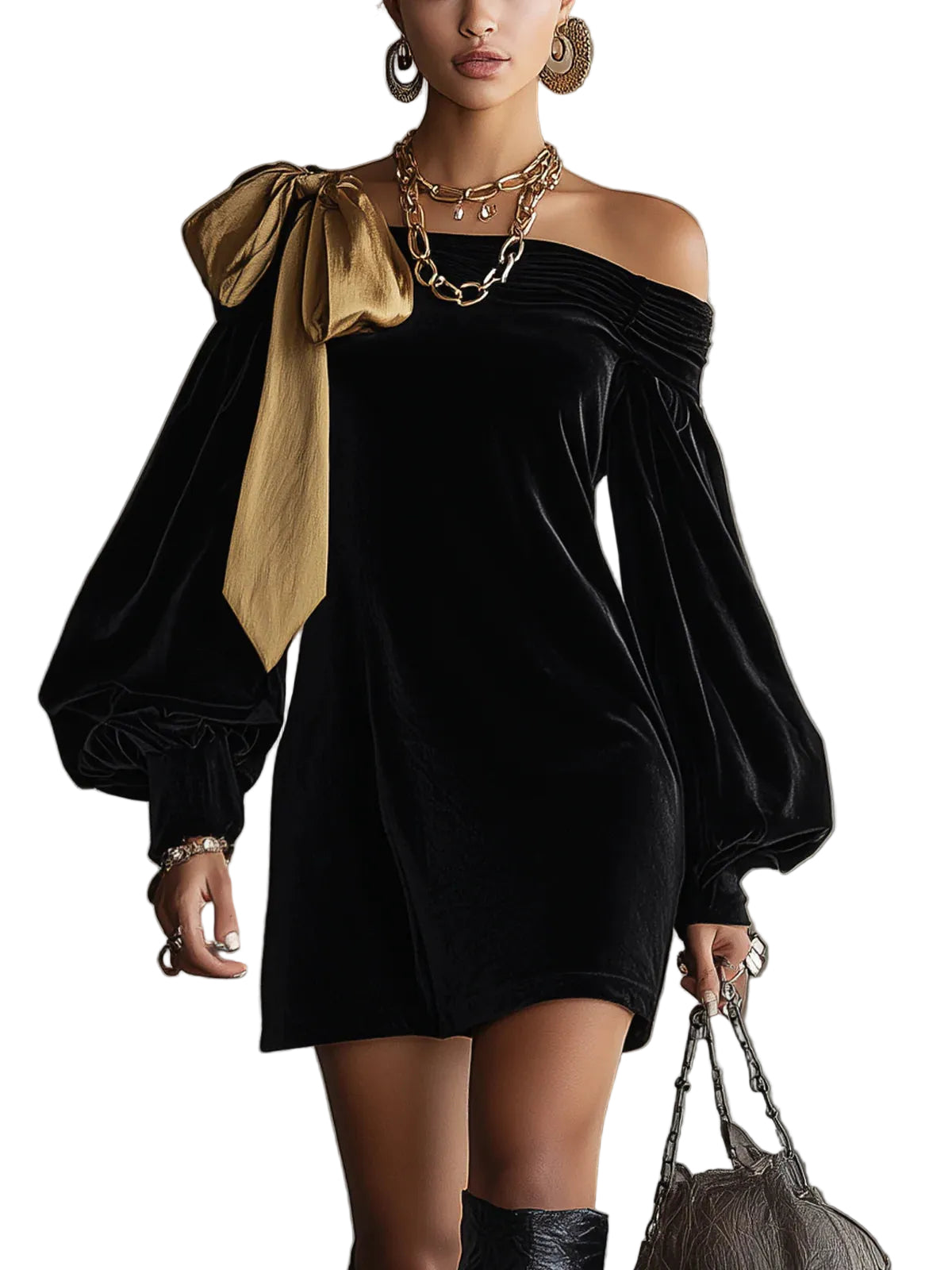 Selina | Black Velvet And Gold Satin Patchwork Off The Shoulder Mini Dress